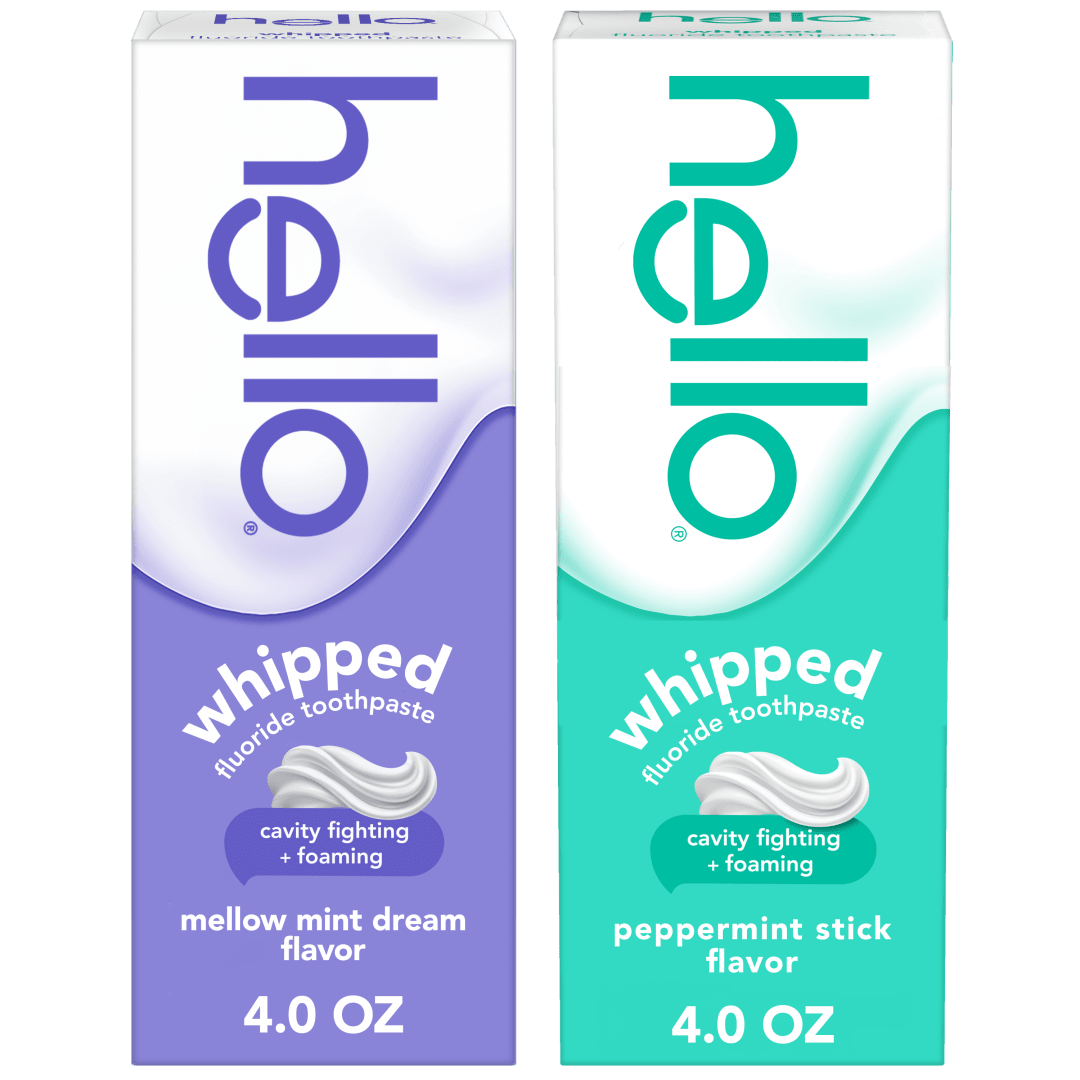 hello Whipped Mellow Mint Dream and Peppermint Stick Toothpaste Pack, Minty Adult Foam Toothpaste with Fluoride, SLS Free, Freshens Breath, Dreamy and Foamy Texture, Fights Cavities, 2 Pack, 4.0 Oz Tubes
