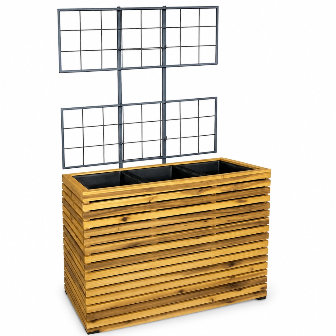 Modern Indoor/Outdoor 32.28 in. Golden Teak Acacia Wood Tall Planter Box with Trellis