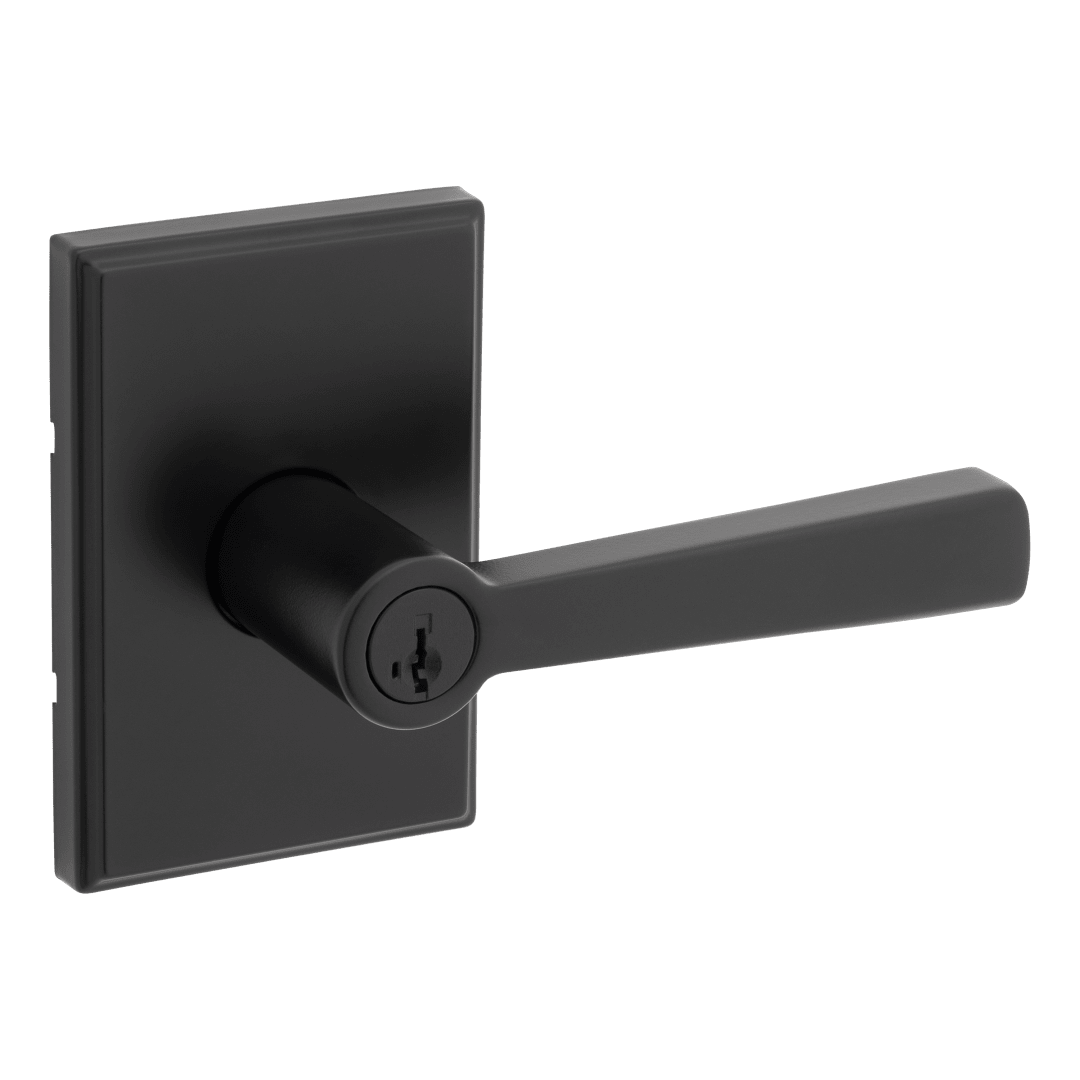 Trafford Rectangle Rose Keyed Entry Door Lever in Matte Black featuring SmartKey Security