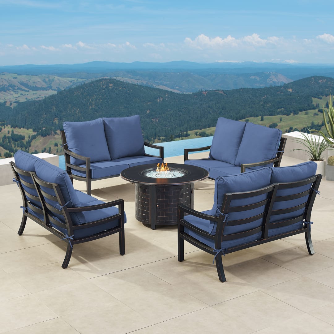 Black Aluminum Patio Fire Table Set with Four Deep Seating Loveseat with Cushions