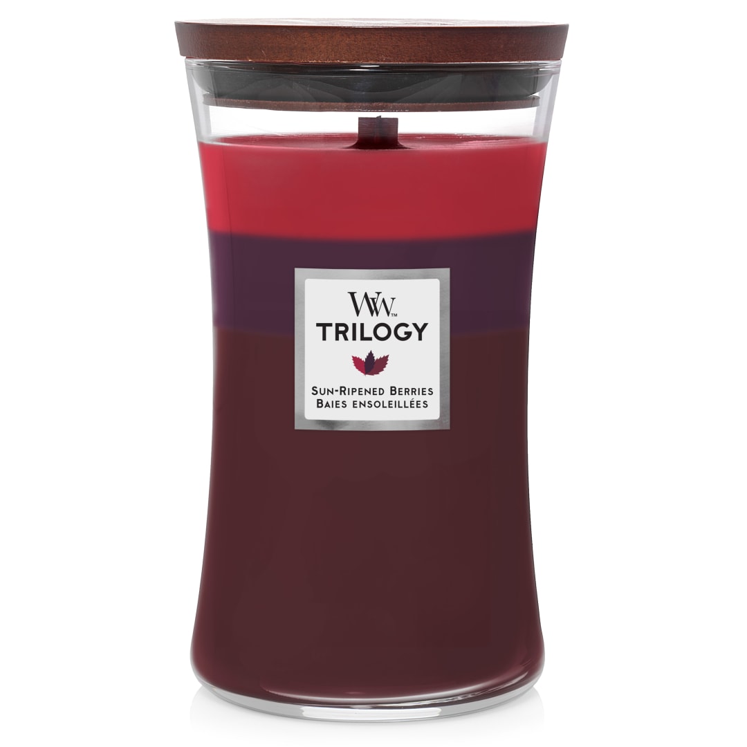 WoodWick Hourglass Trilogy Vela perfumada mecha crepitante | Bayas maduras | Hasta 130 horas de duración