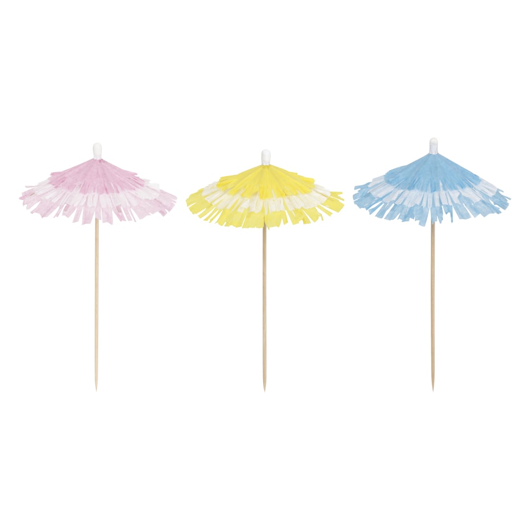 Assorted Blue, Yellow, and Pink Fringed Drink Umbrellas, 25ct