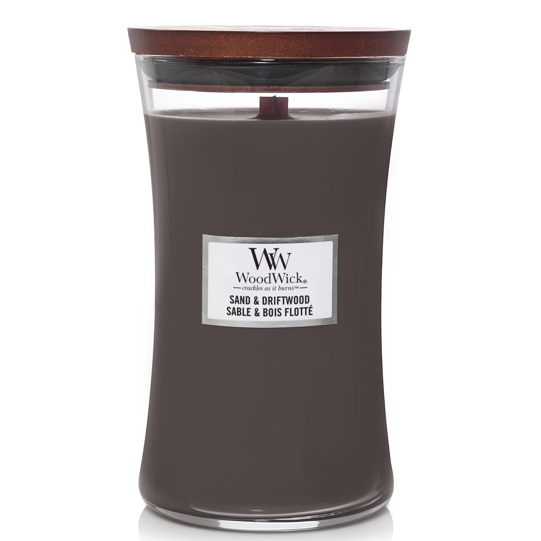 WoodWick Vela perfumada hourglass grande | Sand & Driftwood | con mecha crepitante | Tiempo de combustión: hasta 130 horas