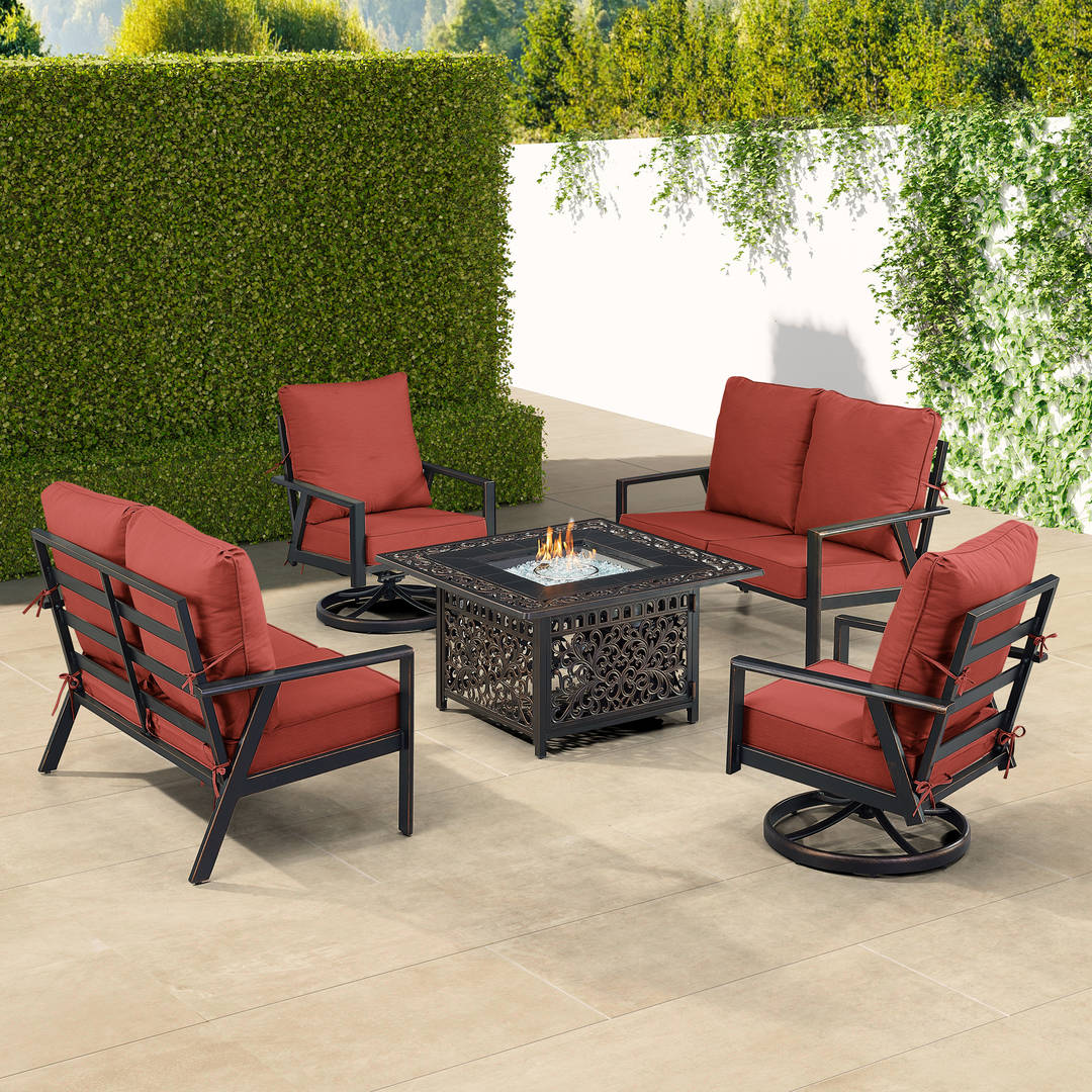 Black Aluminum Patio Fire Table Set with Two Deep Seating Loveseat with Cushions and Two Club Chairs