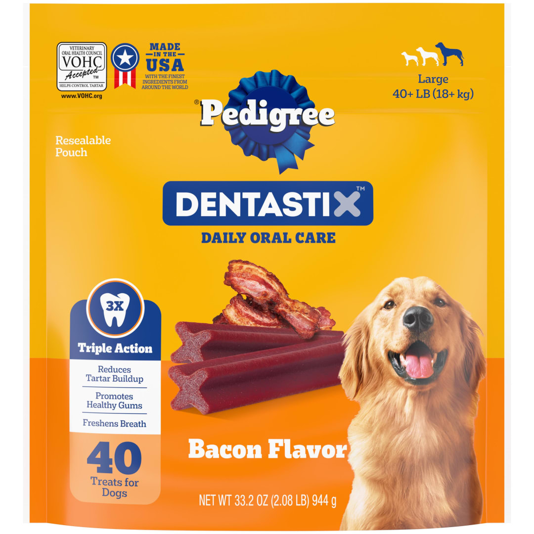 PEDIGREE DENTASTIX Adult Large Dog Dental Care Treats, Bacon Flavor, 2.08 lb. Pack (40 Treats)