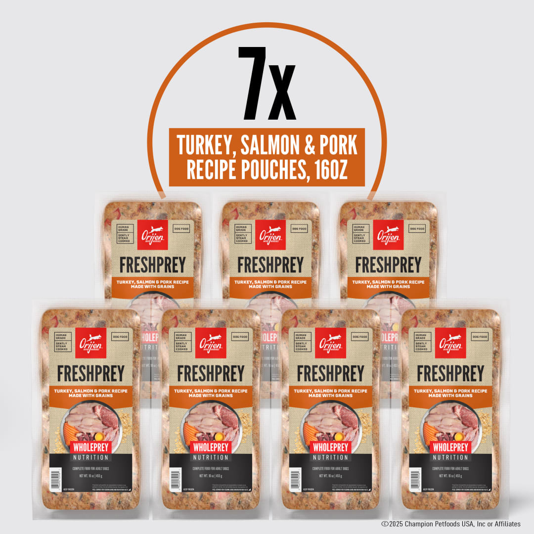 ORIJEN FRESHPREY Frozen Dog Food – 100% Human Grade, Gently Steam Cooked, Thaw and Serve – 85% Animal Ingredients* – Turkey, Salmon & Pork Recipe Made with Grains – Complete Food for Adult Dogs