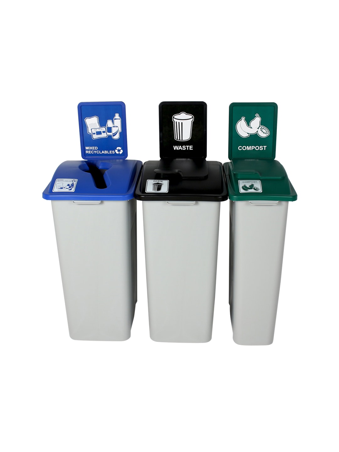  WASTE WATCHER - Triple - Kit - Xl - Mixed Recyclables-Compost-Waste - Mixed-Solid Lift-Solid Lift - Grey-Blue-Green-Black