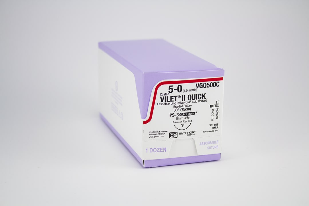 Vilet II Quick PGA Suture, USP 5-0 with 16mm PS-3 Premium Reverse Cutting 3/8 Circle Cobra Black Dental Needle, Undyed, 45cm, Sterile