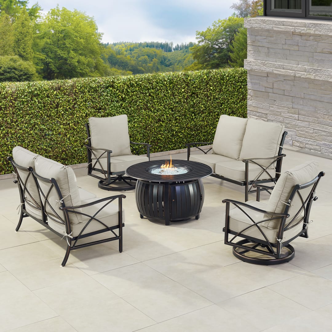 Black Aluminum Patio Fire Table Set with Two Deep Seating Loveseat with Cushions and Two Club Chairs
