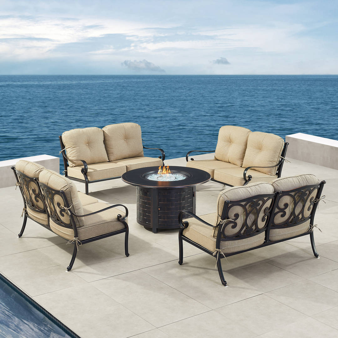 Black Aluminum Patio Fire Table Set with Four Deep Seating Loveseat with Cushions