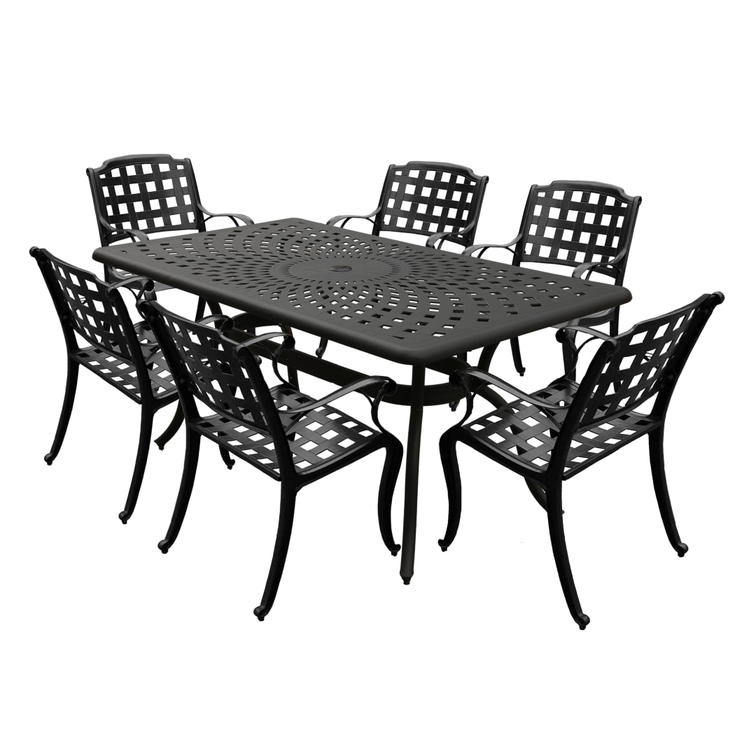 Modern Ornate Outdoor Mesh Aluminum 67-in Black Rectangular Patio Dining Set with Six Chairs