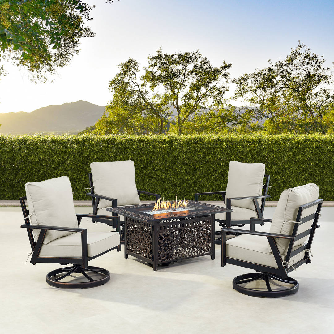 Black Aluminum Patio Fire Table Set with Four Club Chairs