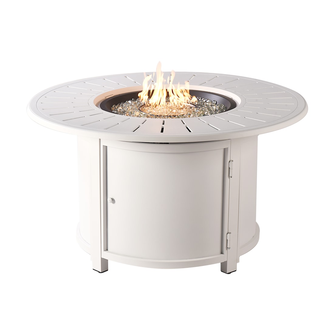 Round 44 in. x 44 in. Aluminum Propane Fire Pit Table with Glass Beads, Two Covers, Lid, 55,000 BTUs in White Finish