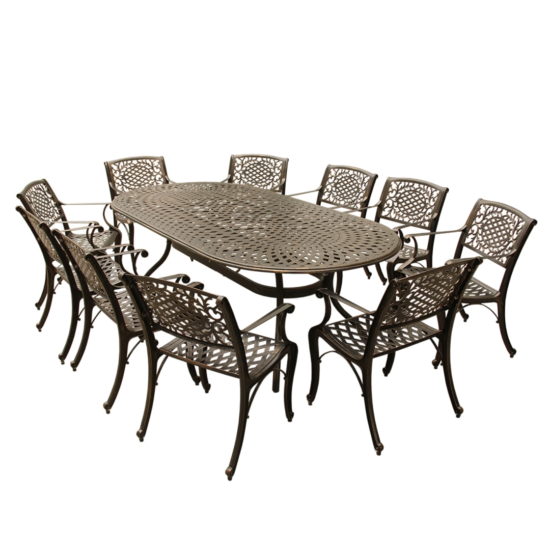 Contemporary Modern and Ornate Outdoor Mesh Lattice Aluminum 95 inch Bronze Oval Dining Set with Ten Chairs