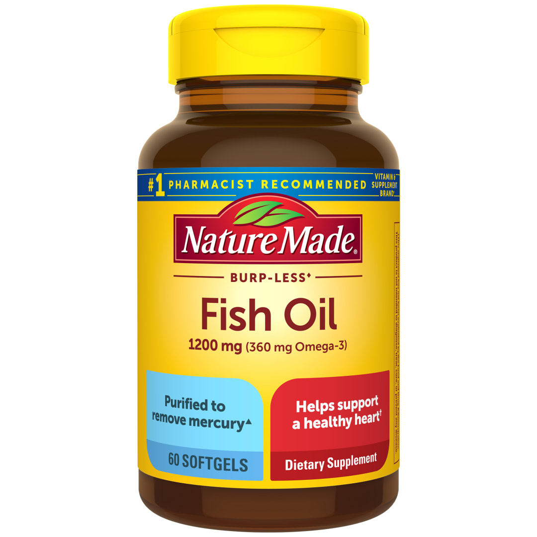 Nature Made Burp Less Fish Oil Omega 3 Supplements, 1200 mg Softgels, EPA DHA Omega 3 Fish Oil Supplements for Healthy Heart Support, 60 Softgels, 30 Day Supply
