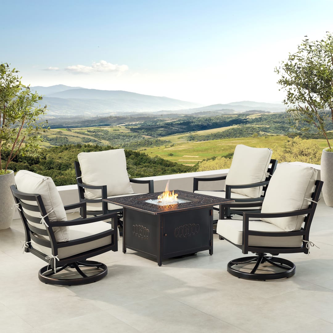 Black Aluminum Patio Fire Table Set with Four Club Chairs