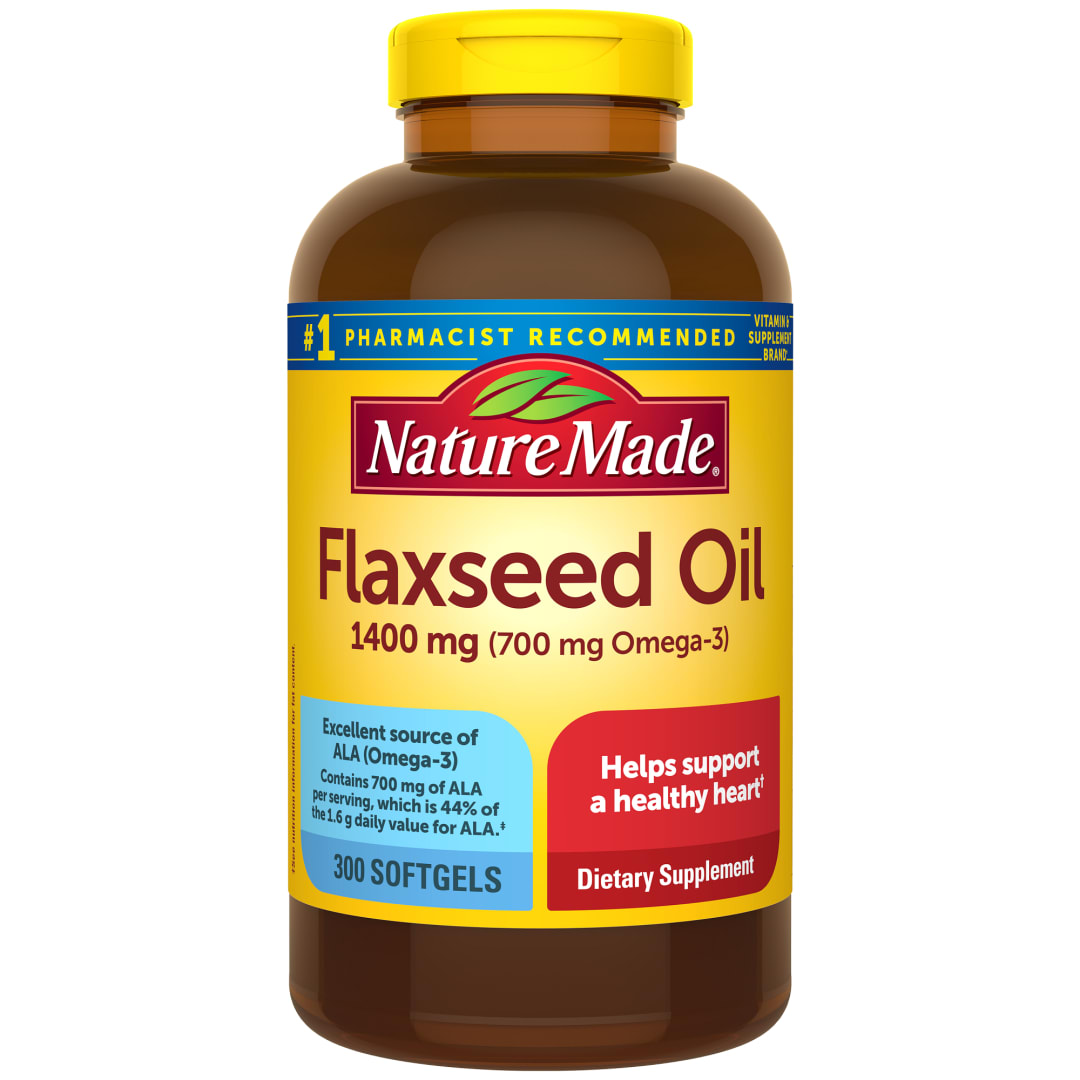 Nature Made Extra Strength Flaxseed Oil 1400 mg, Fish Free Omega 3 Supplement, Dietary Supplement for Heart Health Support, 300 Softgels, 300 Day Supply