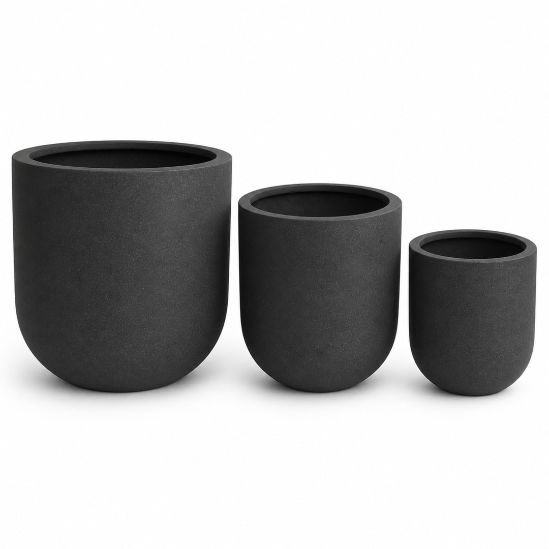 Set of 3 Round Cylinder Polystone Indoor/Outdoor Planters, Black
