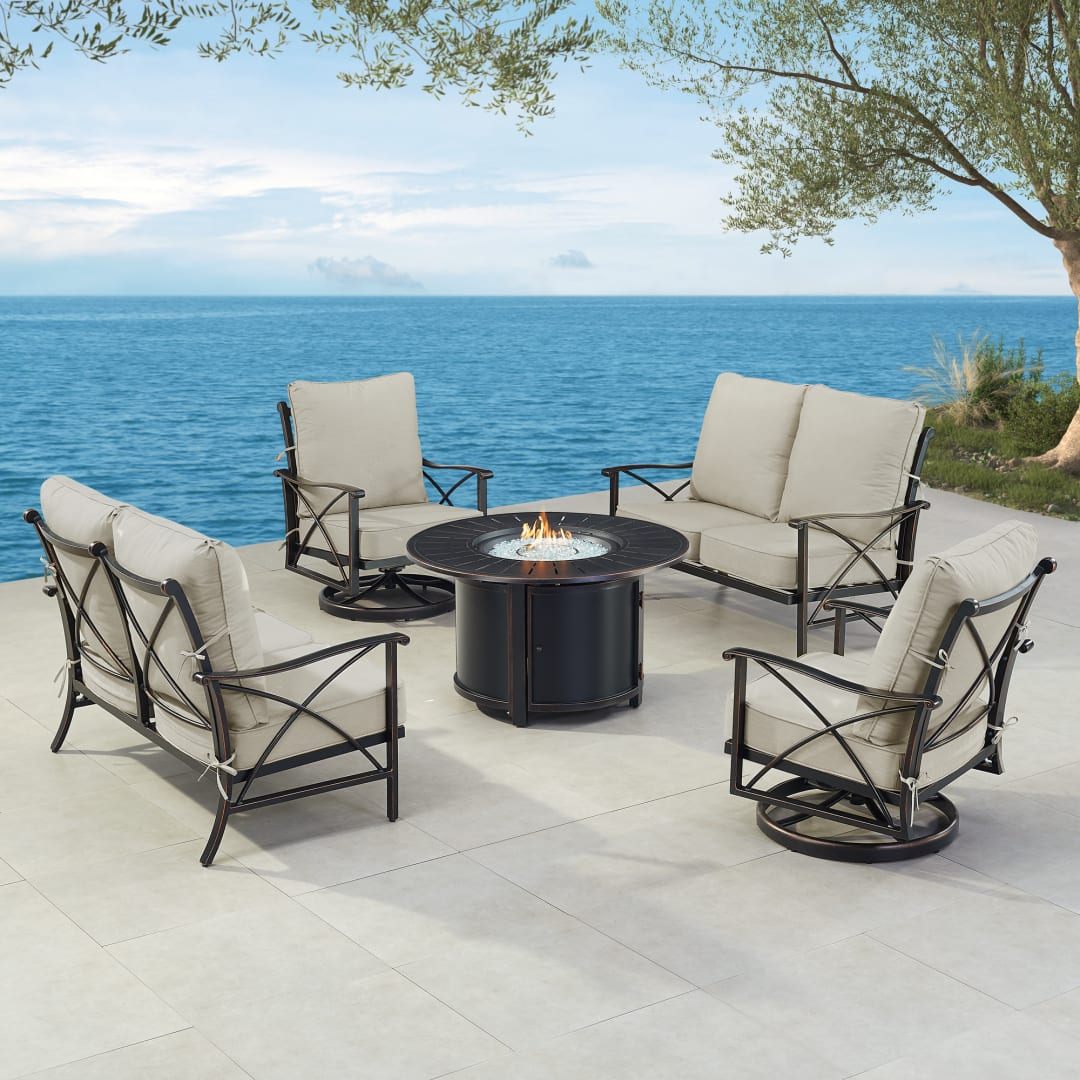 Black Aluminum Patio Fire Table Set with Two Deep Seating Loveseat with Cushions and Two Club Chairs