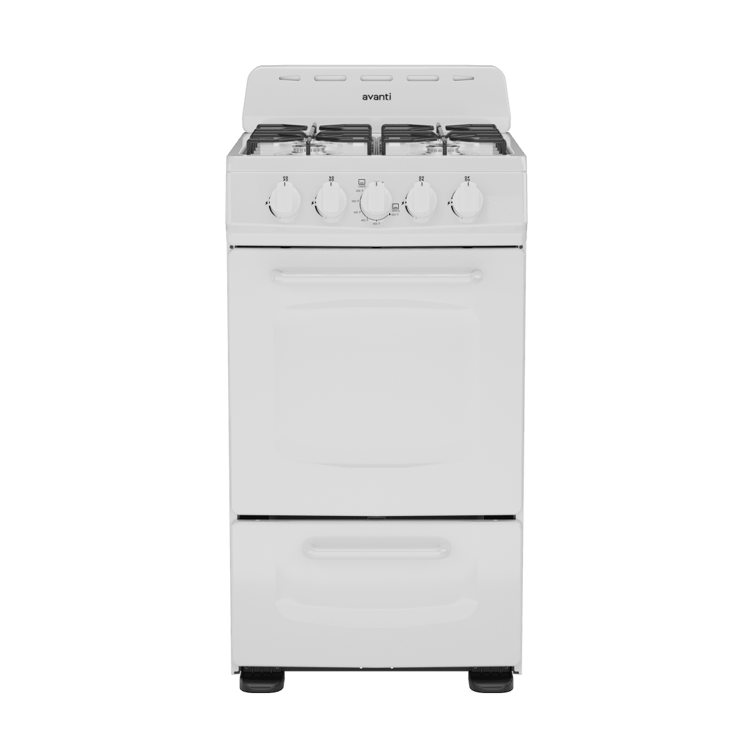 Avanti Compact Gas Range Oven, 2 cu. ft. Capacity, Four Burner Cooktop, Broil Drawer, in White (GRO20P0W)