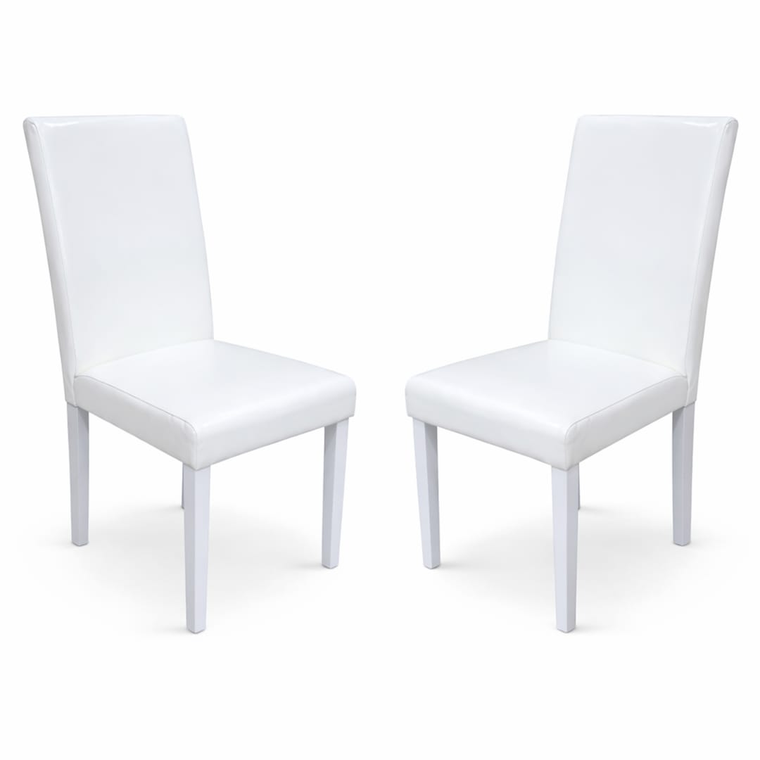 Modern Dining Chairs, Set of 2, White Finish with White PU Leather Upholstered Seats Solid Rubberwood