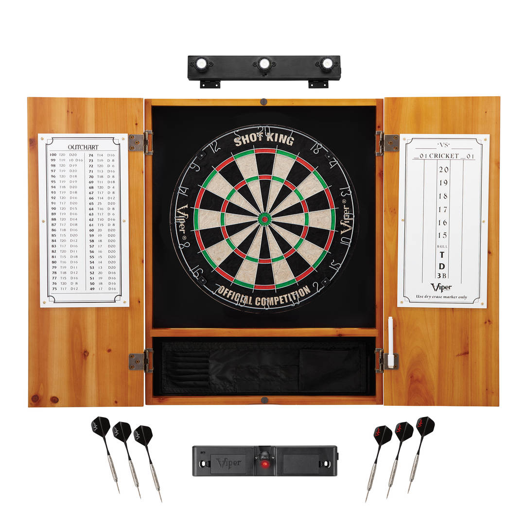 Viper Shot King Sisal Dartboard, Metropolitan Oak Cabinet, Shadow Buster Dartboard Lights & Throw Line Light Marker