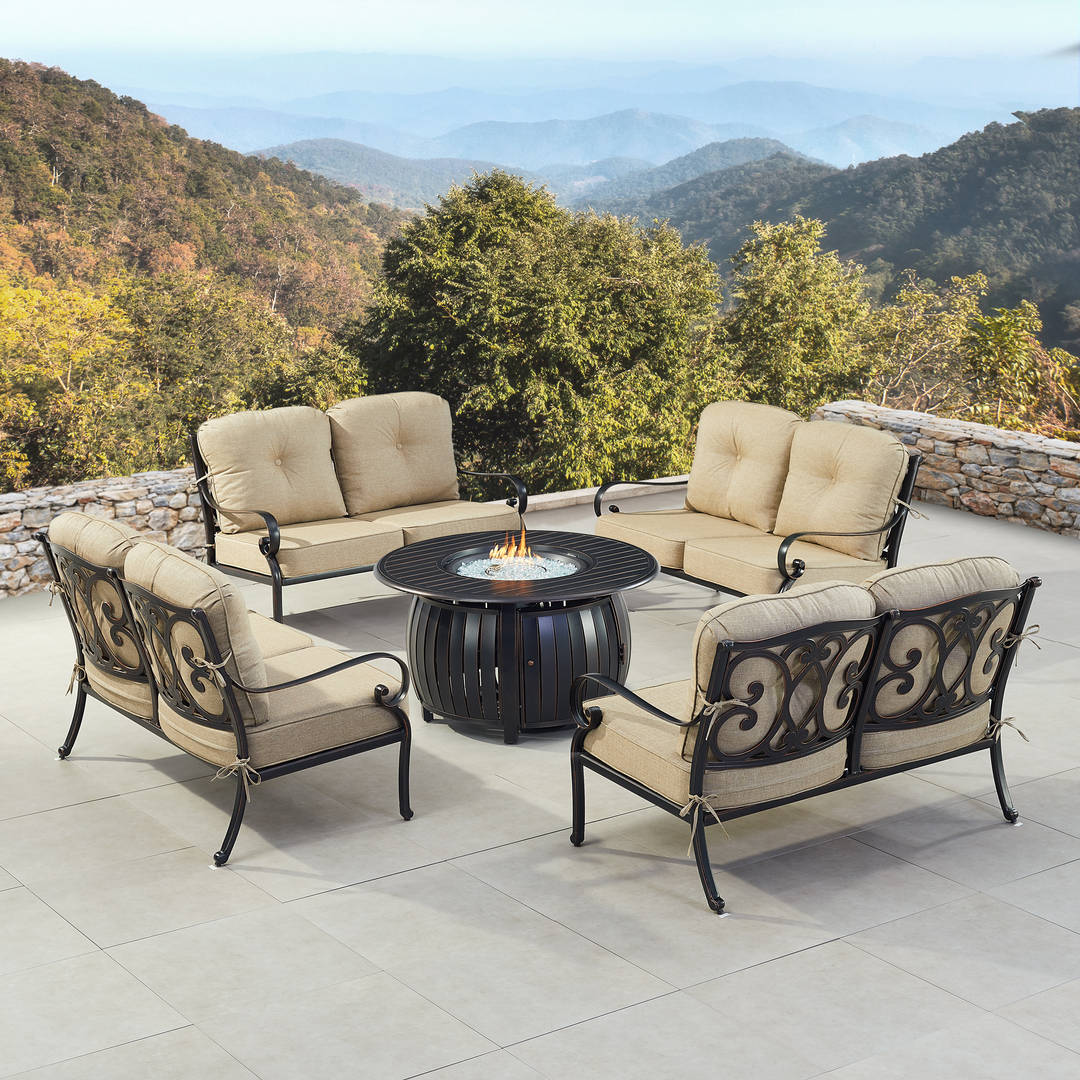 Black Aluminum Patio Fire Table Set with Four Deep Seating Loveseat with Cushions