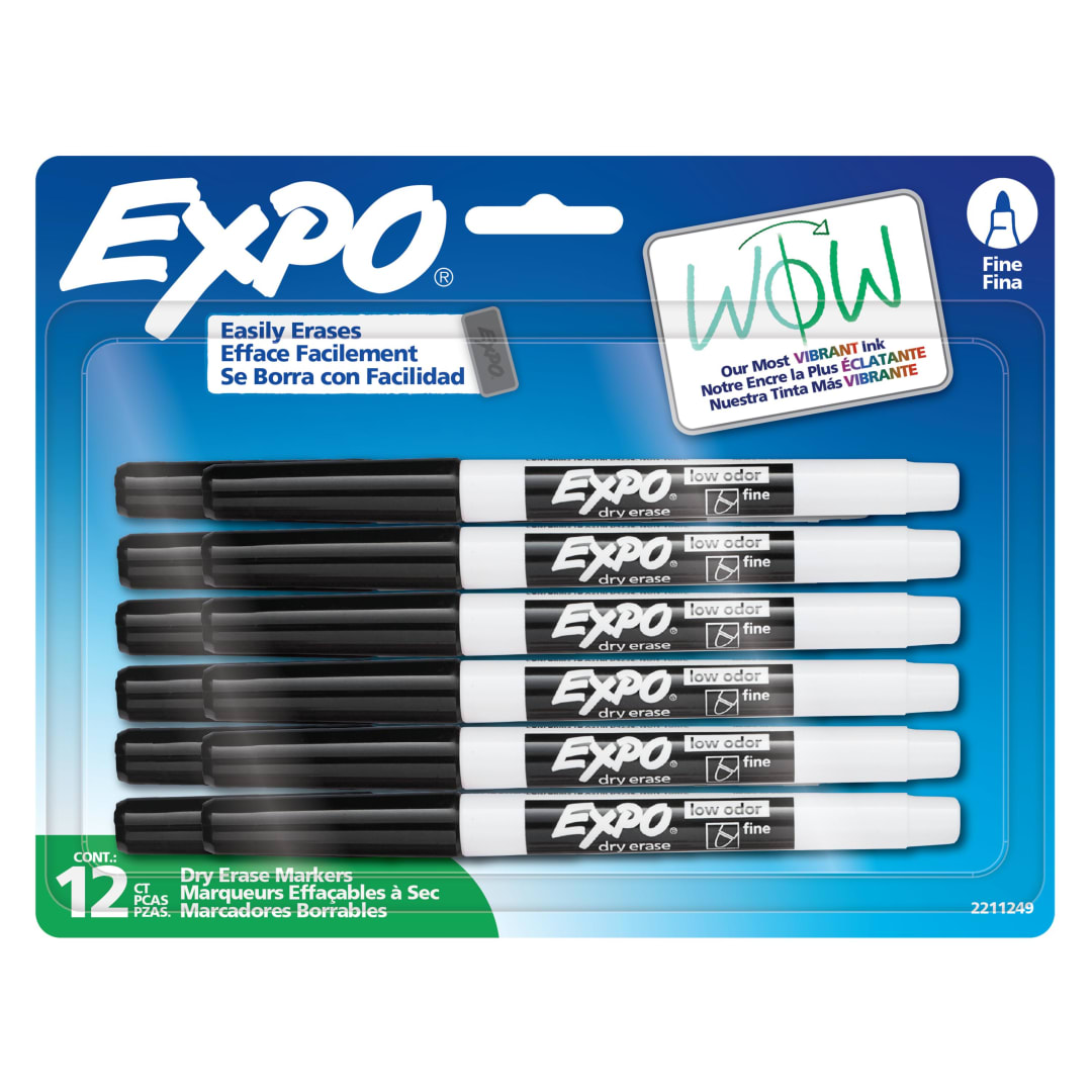 EXPO Dry Erase Markers, Low Odor Ink, Black, Fine Tip, 12 Count