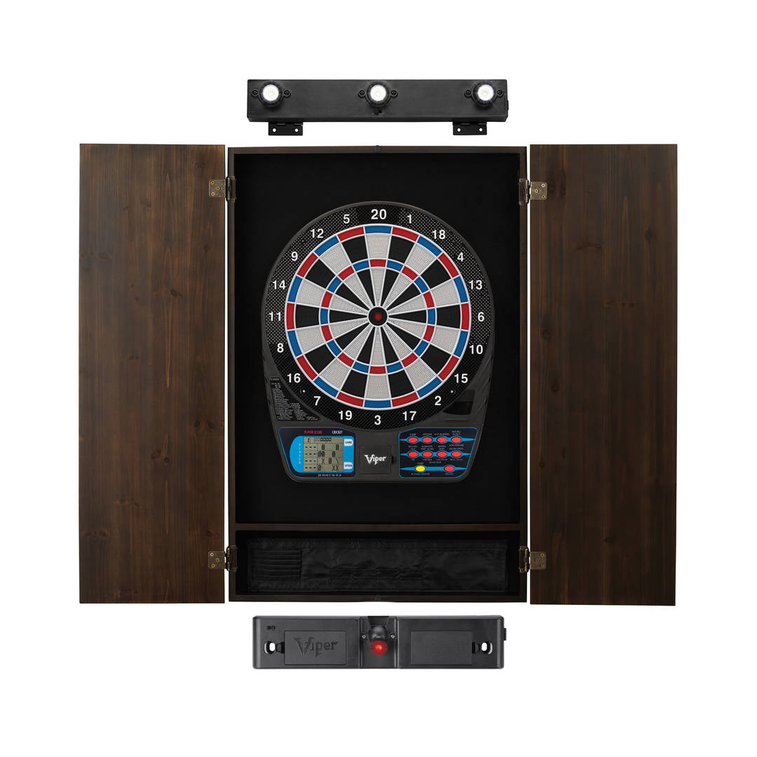 Viper 787 Electronic Dartboard, Metropolitan Espresso Cabinet, Throw Line Light & Shadow Buster Dartboard Light Bundle
