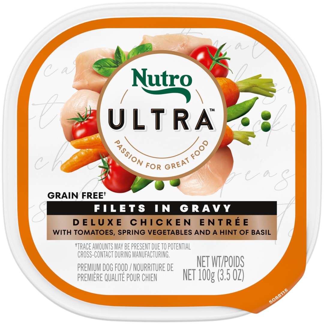 NUTRO ULTRA Grain Free Adult Soft Wet Dog Food Filets in Gravy Deluxe Chicken Entrée With Tomatoes, Spring Vegetables, and a Hint of Basil, (24) 3.5 oz. Trays
