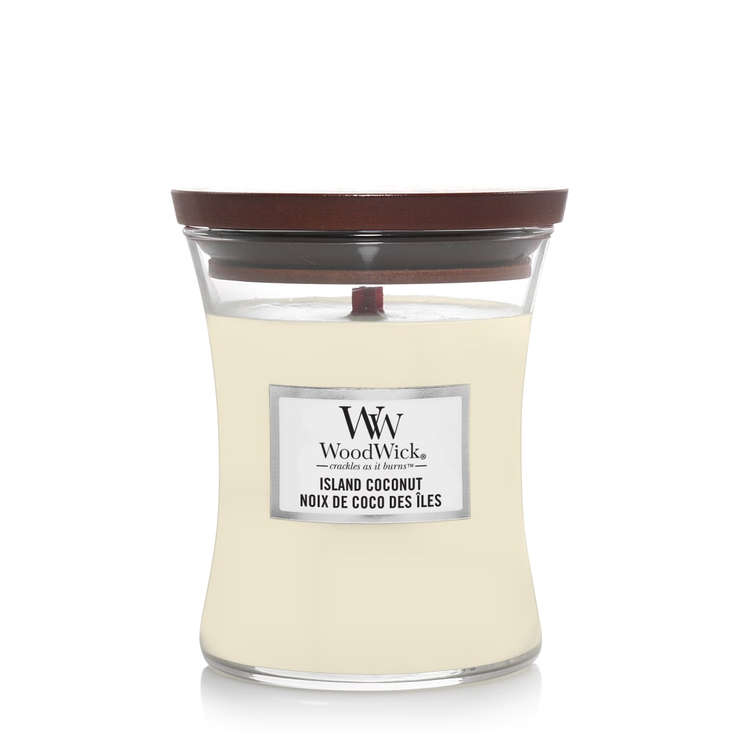 WoodWick Vela perfumada hourglass mediana | Coco isleño | con mecha crepitante | Tiempo de combustión: hasta 60 horas