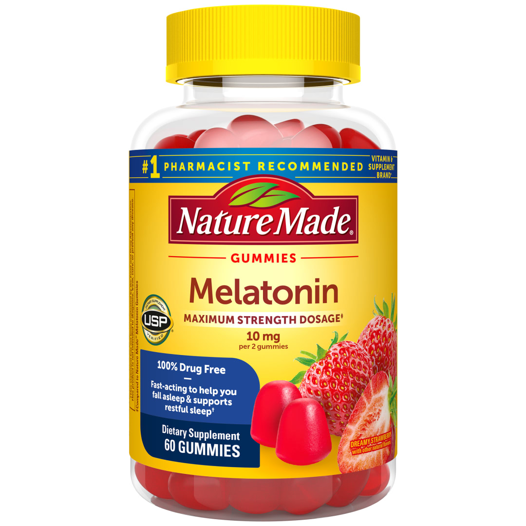 Nature Made Melatonin 10mg per serving Gummies, Maximum Strength Dosage, 100% Drug Free Sleep Aid for Adults, 60 Melatonin Gummies, 30 Day Supply