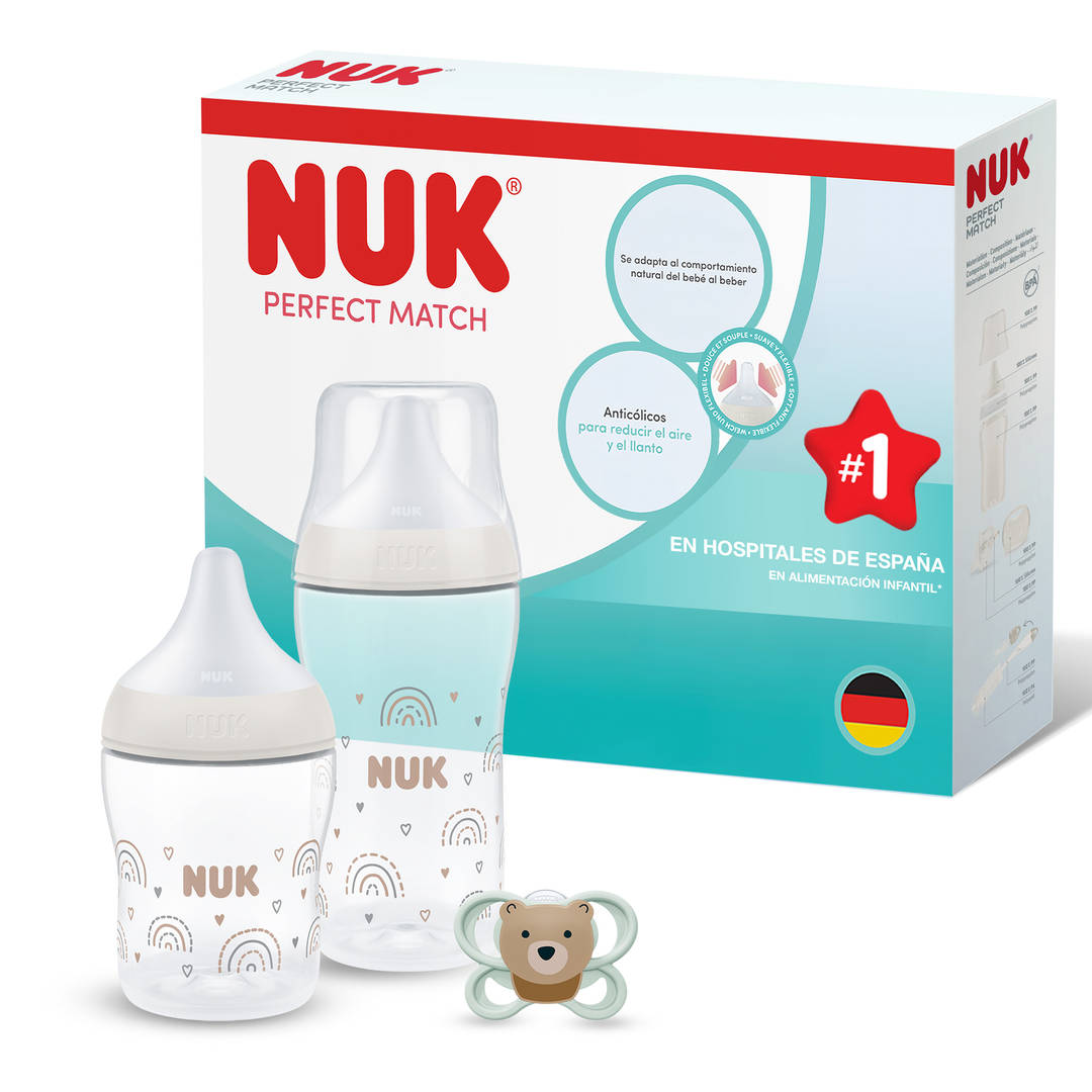 NUK Perfect Match Set de Biberones y Chupete para Recién Nacidos | 0-6 Meses | 2 Biberones Anticólicos (150 ml, 260 ml), 1 Chupete Perfect Match Air | Arcoíris | 3 Piezas