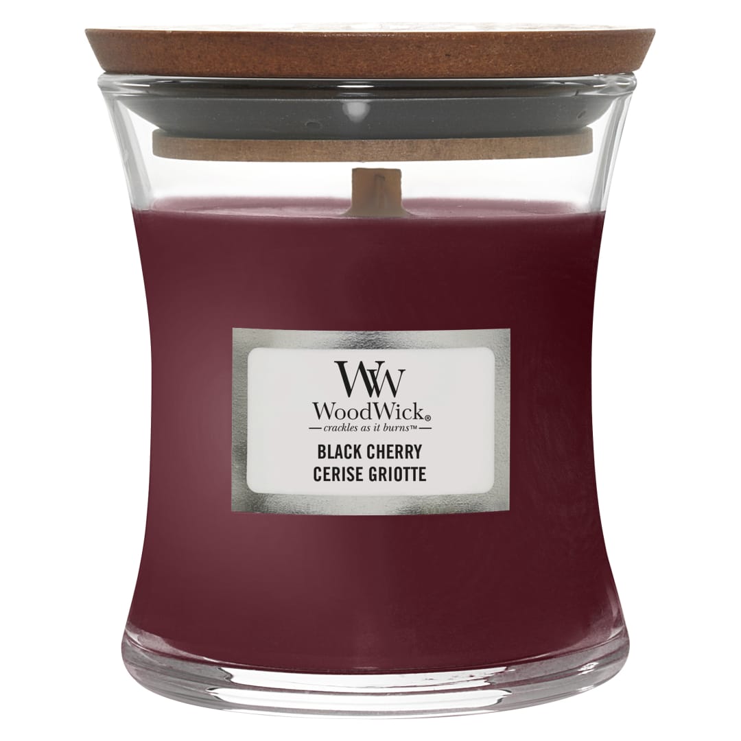WoodWick Vela perfumada con mecha crepitante | Vela mini reloj de arena Black Cherry | Hasta 20 horas de duración | Regalo perfecto para mujeres