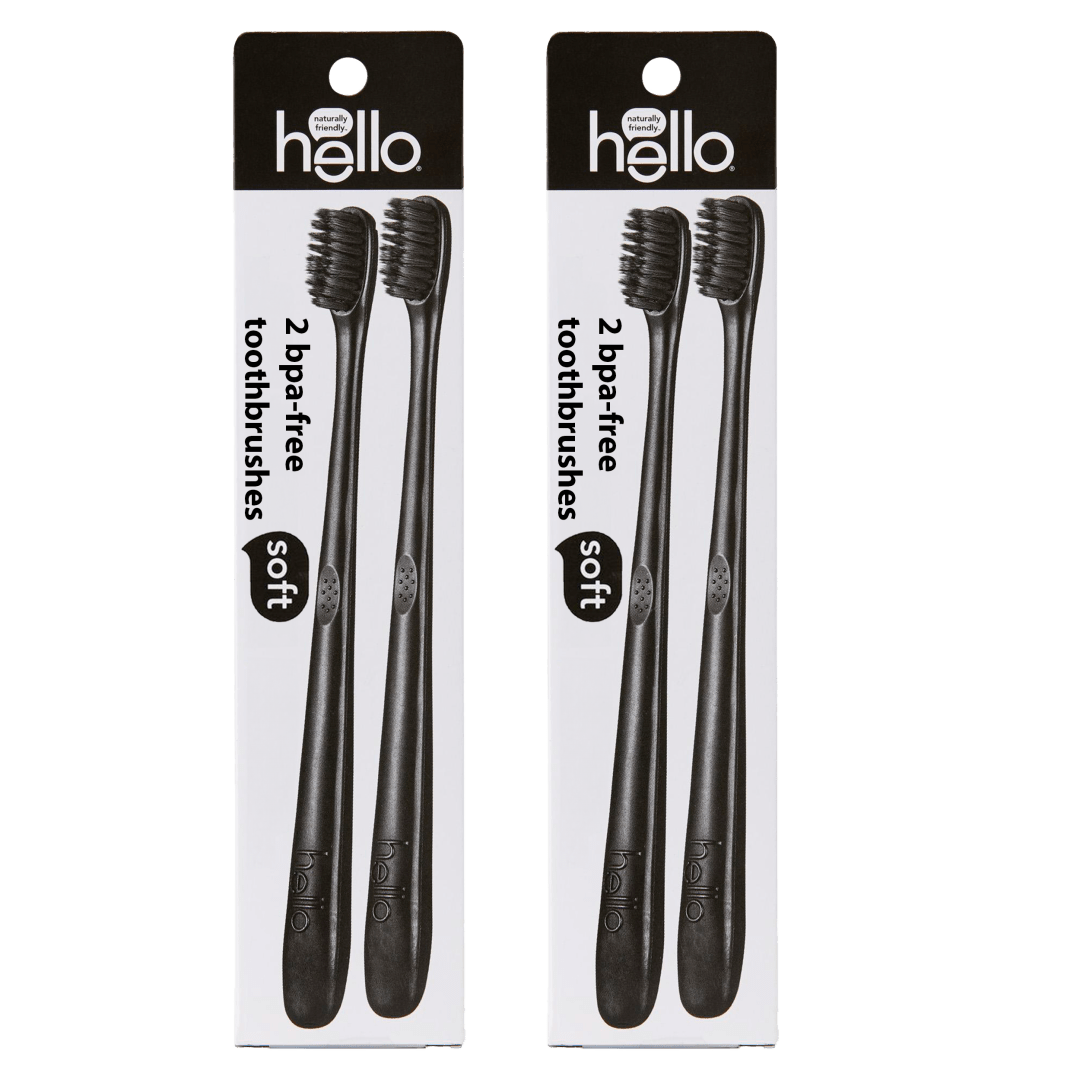 hello Soft Bristle Adult Charcoal Toothbrush, Black, 4 Pack