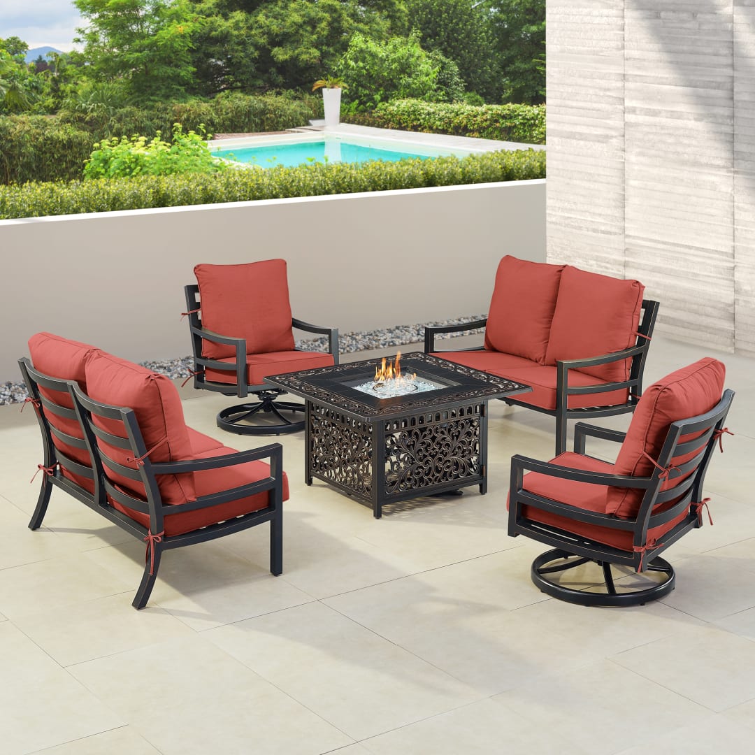 Black Aluminum Patio Fire Table Set with Two Deep Seating Loveseat with Cushions and Two Club Chairs