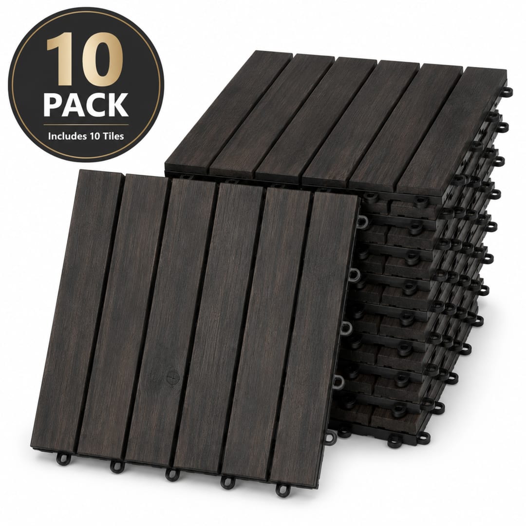 Patio Flooring Indoor/Outdoor 12 in. Black Acacia Wood Interlocking Deck Tiles, 10-Pack