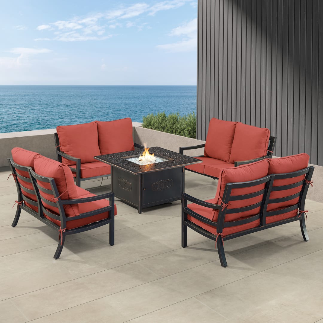 Black Aluminum Patio Fire Table Set with Four Deep Seating Loveseat with Cushions