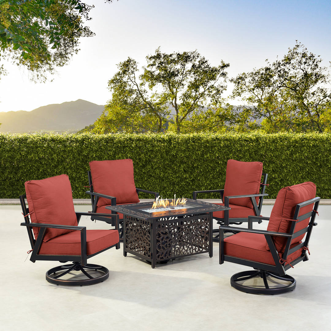 Black Aluminum Patio Fire Table Set with Four Club Chairs