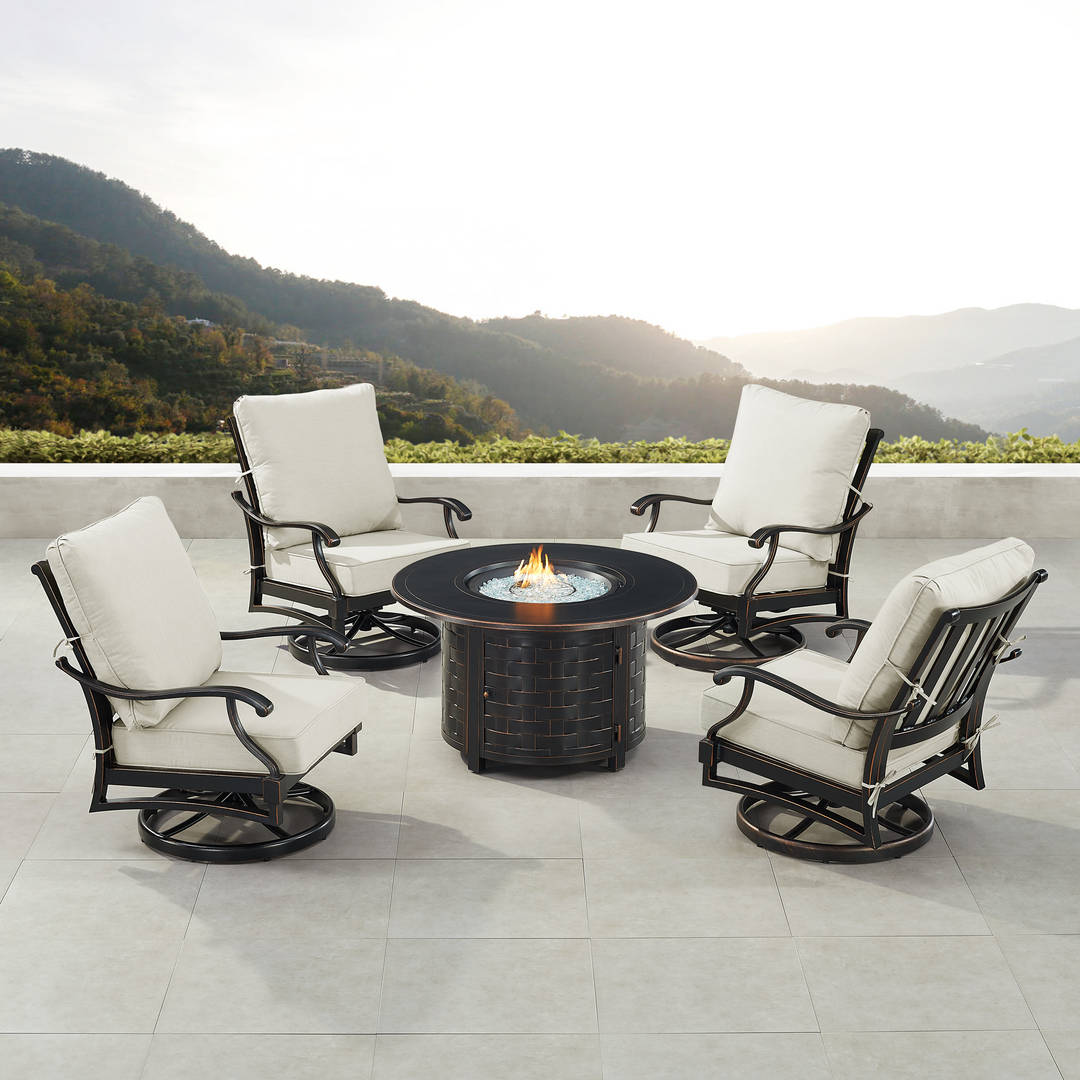 Black Aluminum Patio Fire Table Set with Four Club Chairs