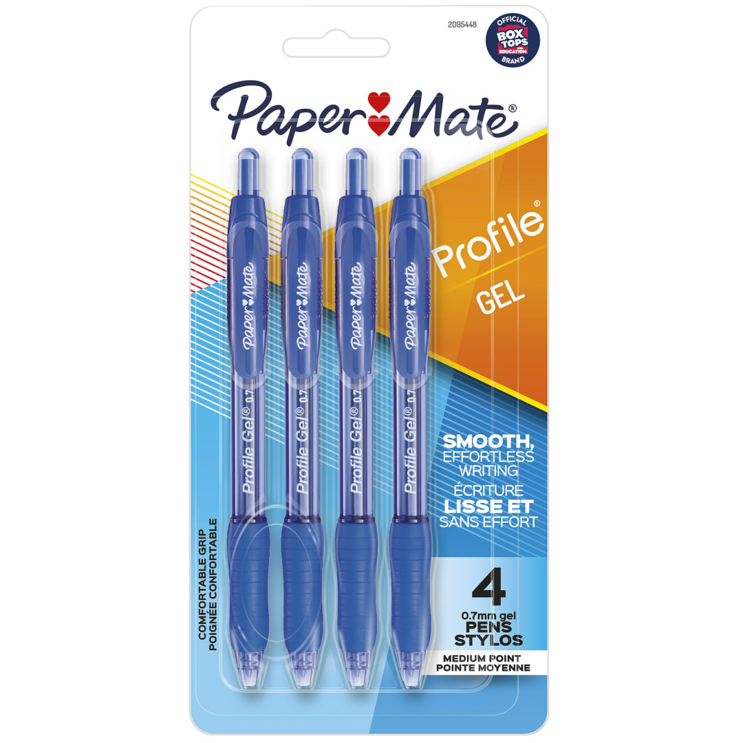 Stylos gel rétractables Profile de Paper Mate, pointe moyenne (0,7 mm), bleu, 4 unités