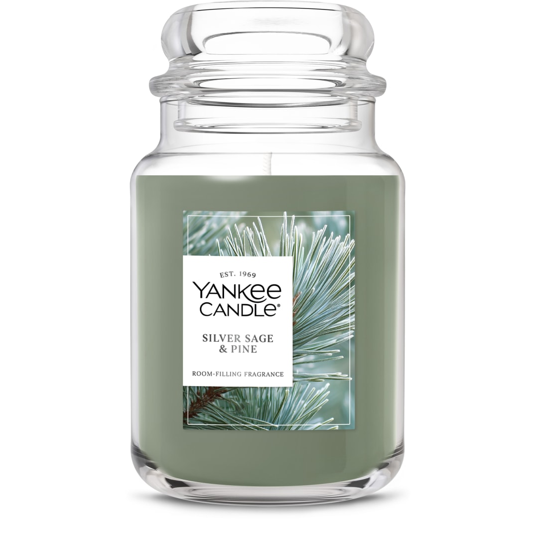 Yankee Candle® Large Jar Scented Candle with up to 150 Hour Burn Time, Premium Plant Wax Blend for Consistent Burn, 22 oz Jar Candle with Room Filling Fragrance, Silver Sage & Pine