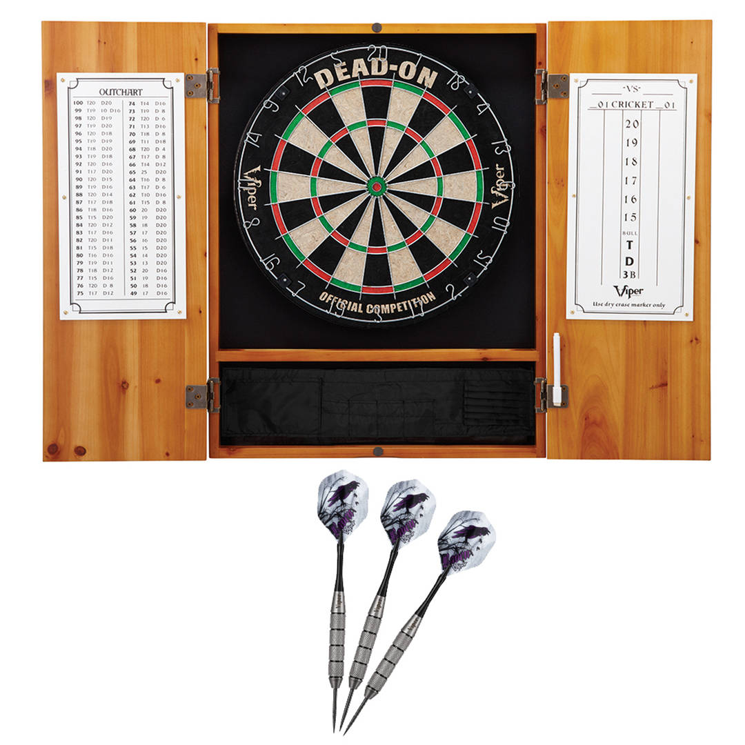 Viper Metropolitan Oak Steel Tip Dartboard Cabinet, Viper Dead-On Bristle Dartboard, and Viper Underground Raven Steel Tip Darts 25 Grams