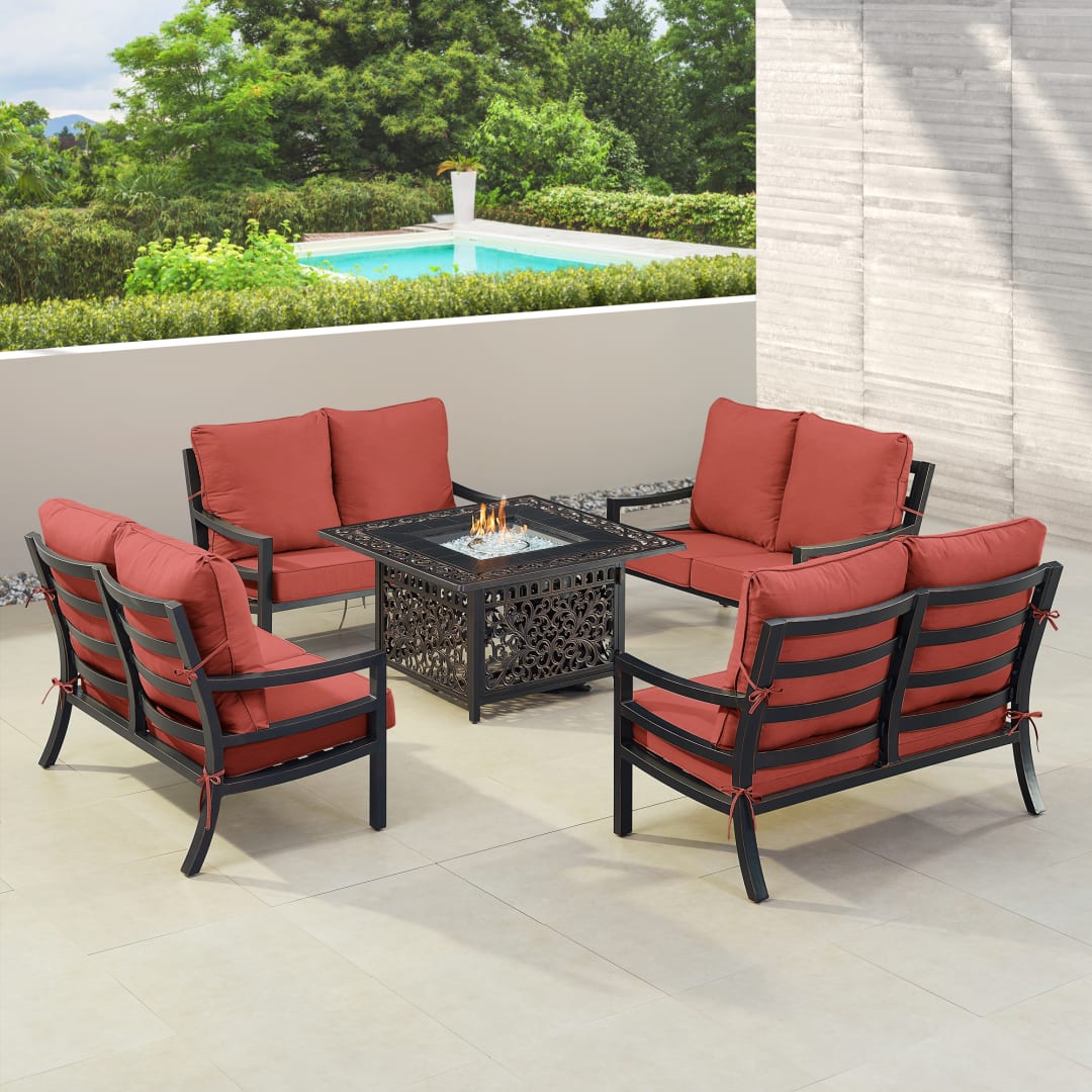Black Aluminum Patio Fire Table Set with Four Deep Seating Loveseat with Cushions
