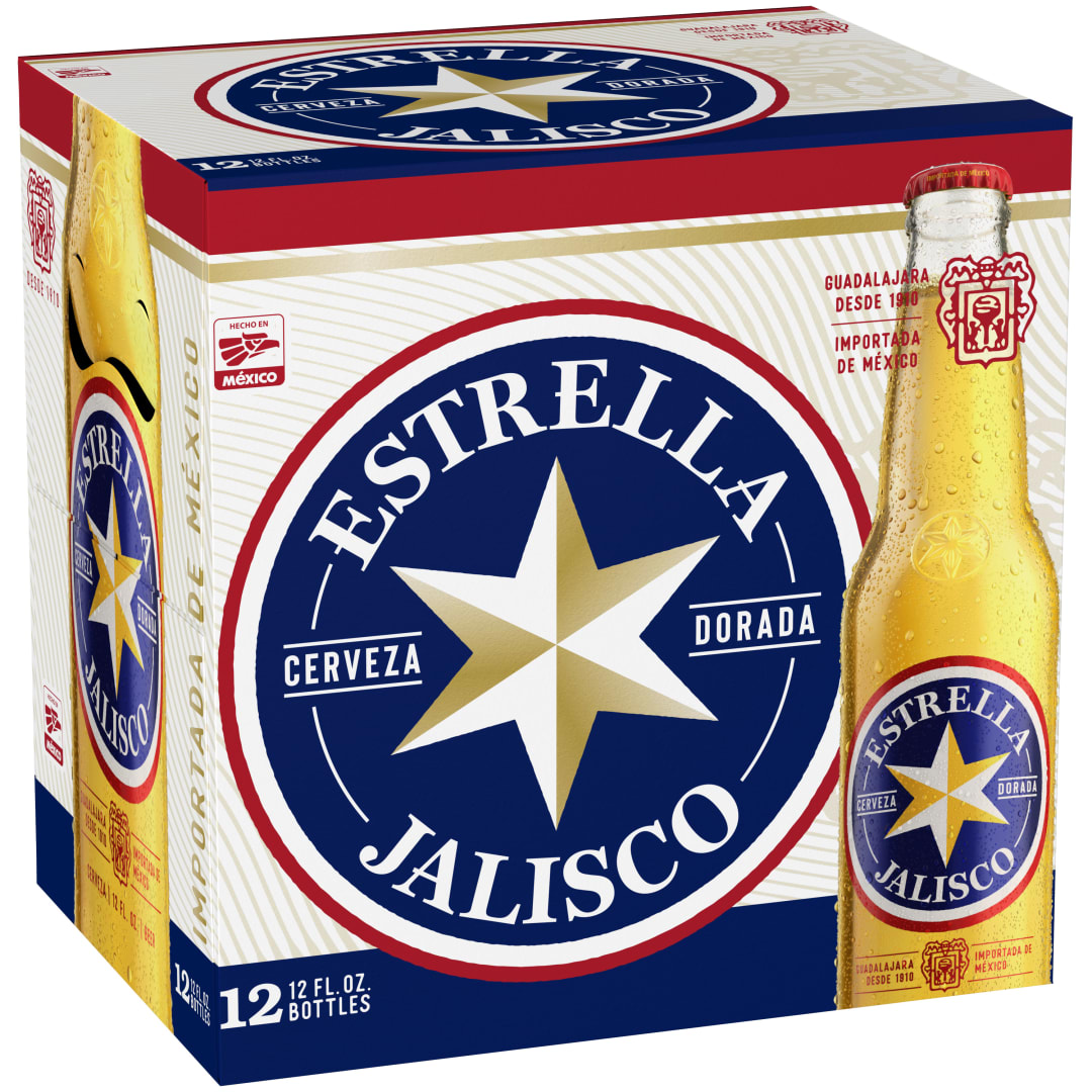 Estrella Jalisco Cerveza MNT 2026 PROMO 12x12 oz Glass Bottle Top Load Corrugate CARTON Pre-Print - IMPORT from Mexico