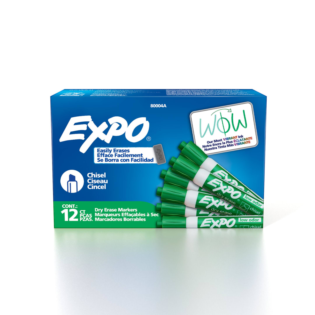 EXPO Dry Erase Markers, Low Odor Ink, Green, Chisel Tip, 12 Count