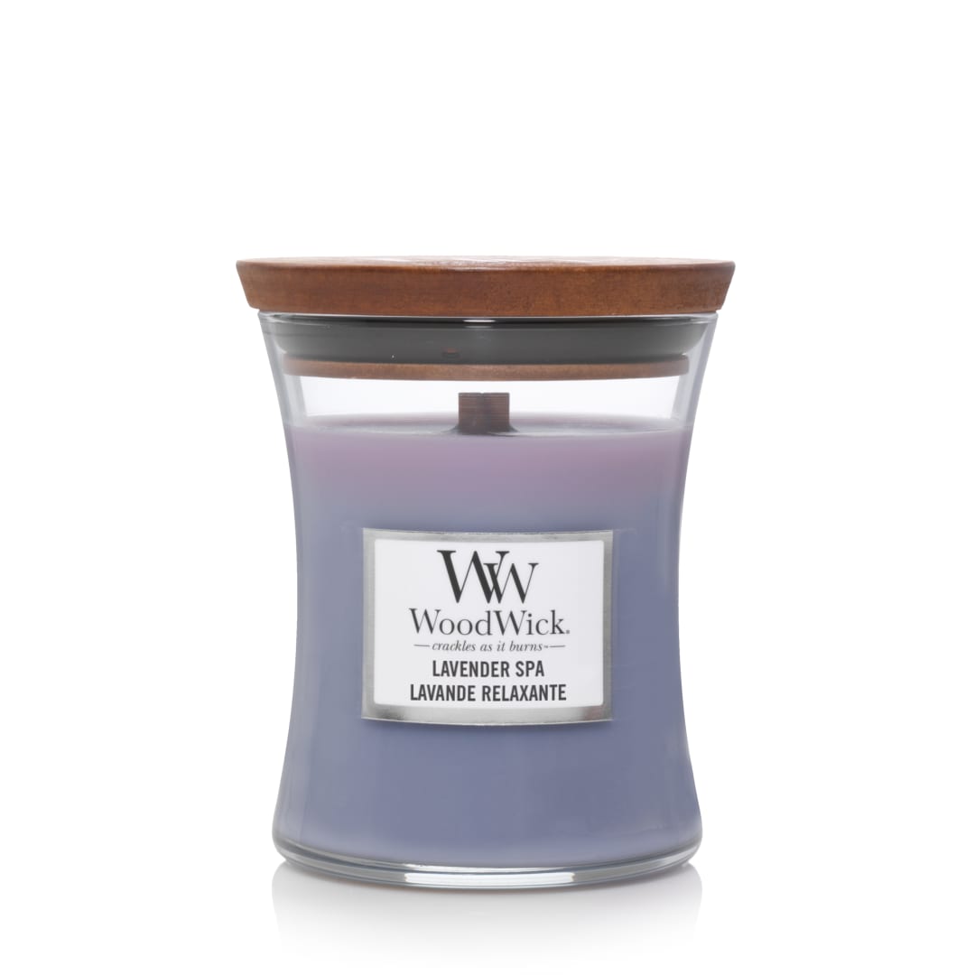 WoodWick Vela perfumada hourglass mediana | Lavender Spa | con mecha crepitante | Tiempo de combustión: hasta 60 horas | Regalos perfectos para mujeres