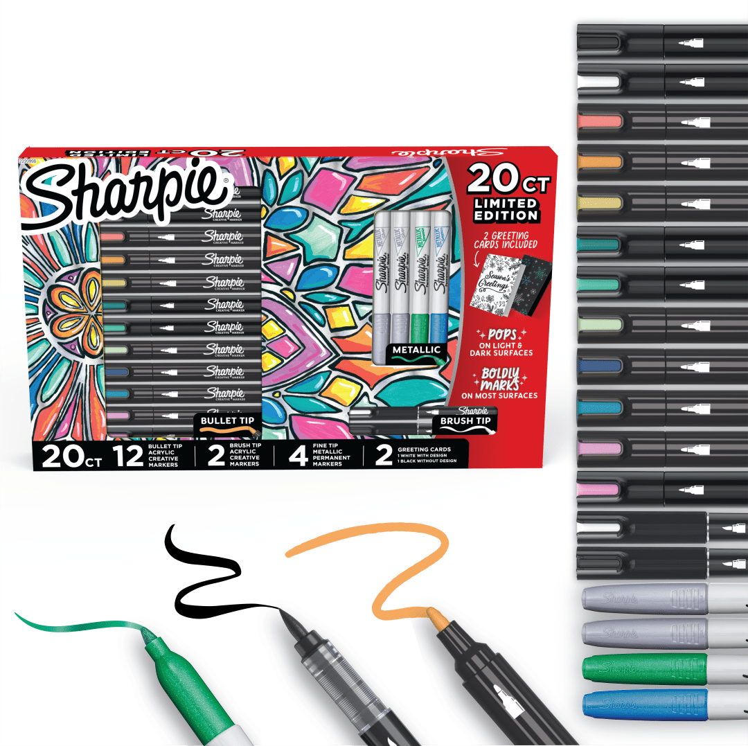 Sharpie Creative Markers Holiday Set, Featuring Water-Based Acrylic Markers, Brush and Bullet Tip, Metallic Permanent Markers, Greeting Cards, 20 Piece Set