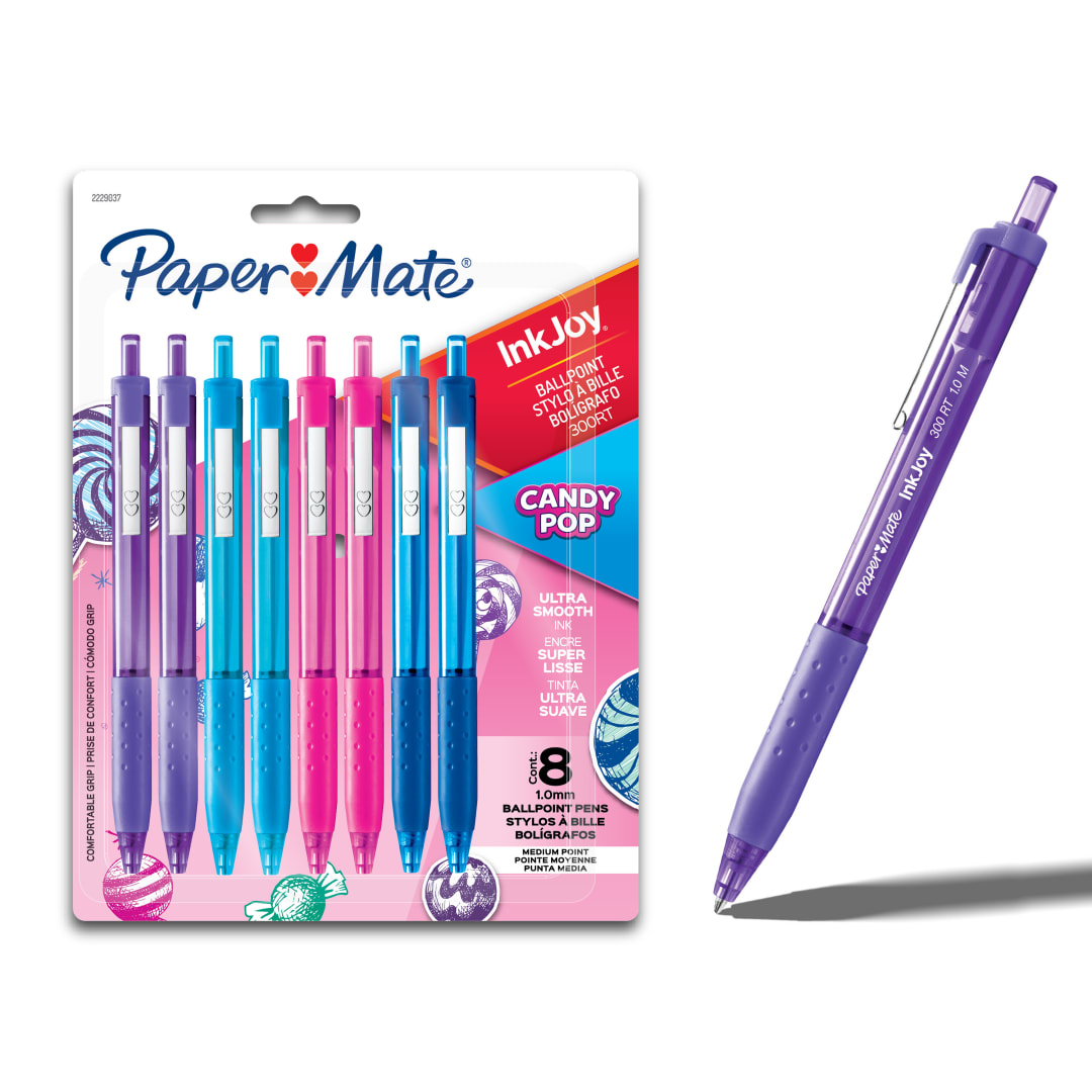 Stylos bille rtractables PaperMate InkJoy 300RT, pointe moyenne (1,0mm), couleurs de bonbons clatants, 8units