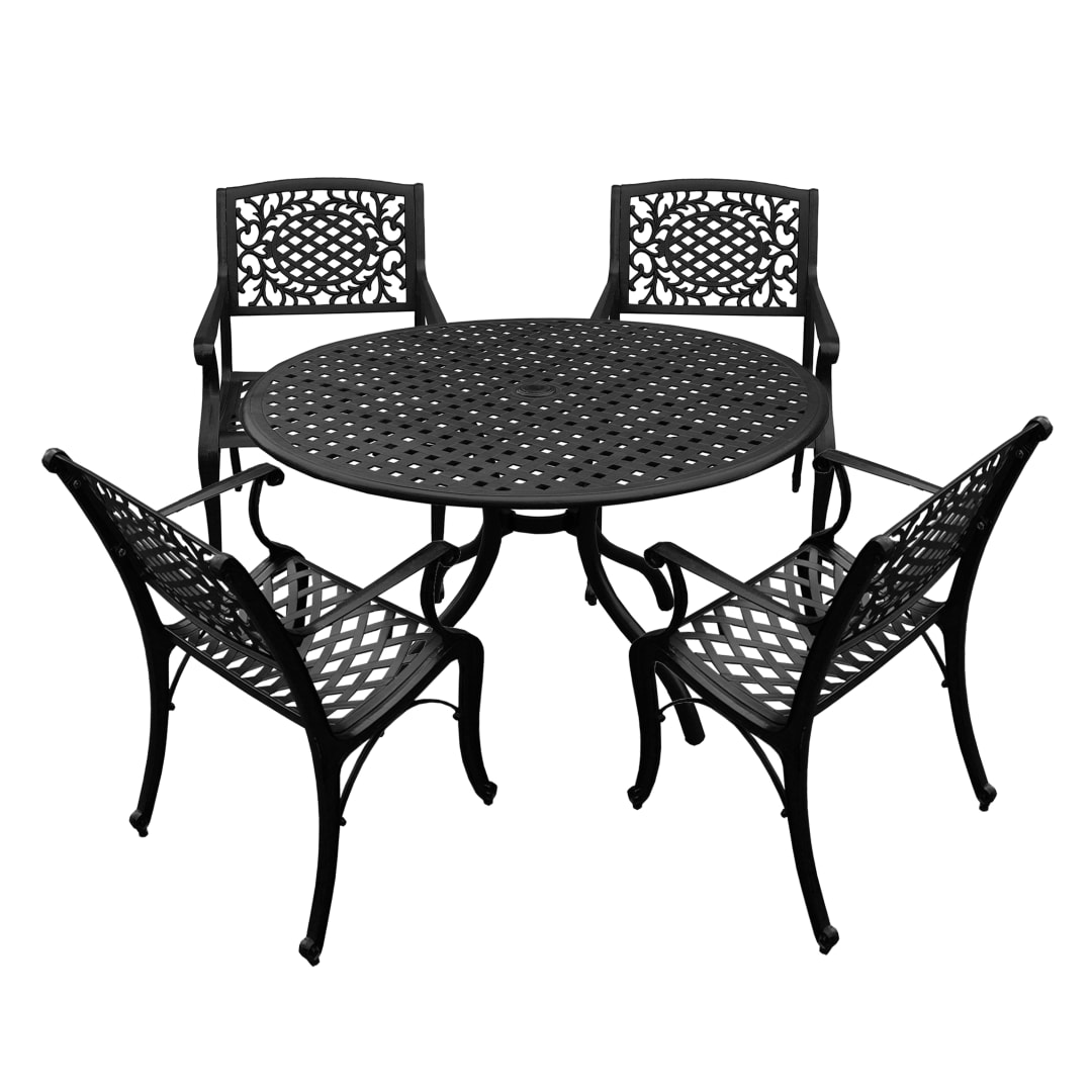 Modern Ornate Outdoor Mesh Aluminum 42-in Black Round Patio Dining Set with Four Chairs
